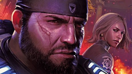 A snippet from the front cover of Gears of War Ephyra Rising novel, featuring a close-up of Marcus Fenix and Anya Stroud